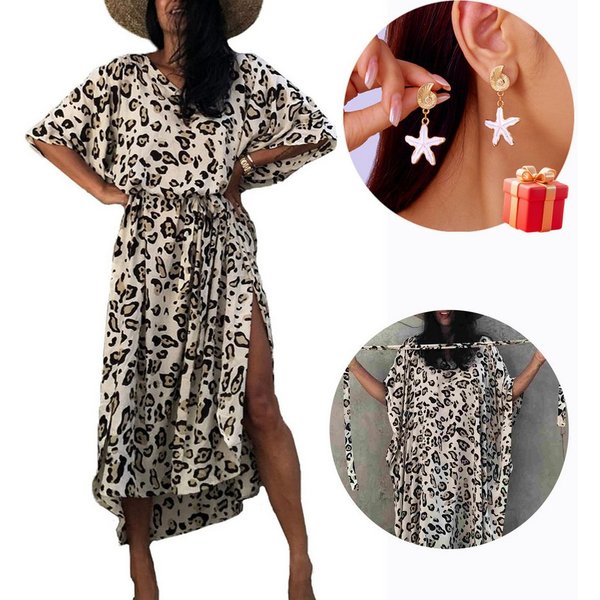 MOPUEA Strandkleid Leopard Kaftan Maxikleid Strandtunika mit Gürtel inklusive Ohrringe (Kaftan Maxikleid mit Gürtel aus Viskose, Luftiger Strand Kaftan in Einhe