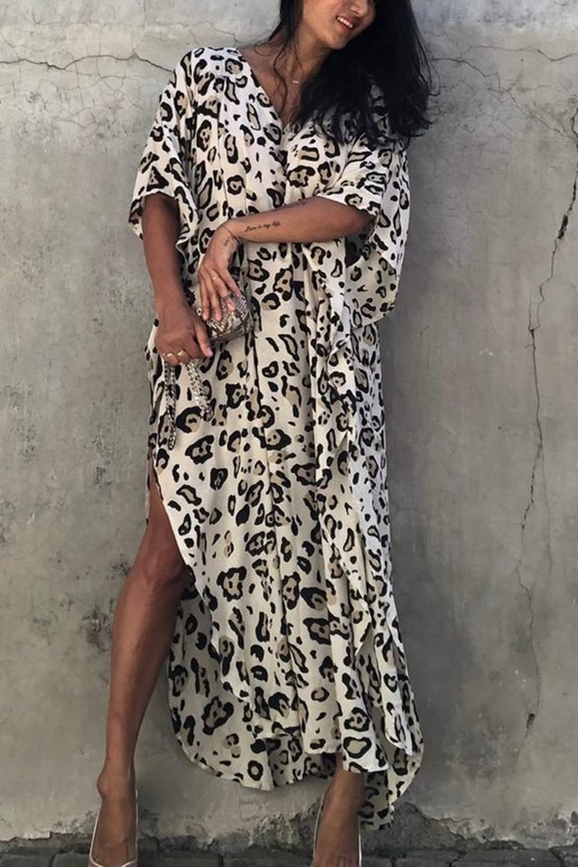 MOPUEA Strandkleid Leopard Kaftan Maxikleid Strandtunika mit Gürtel inklusive Ohrringe (Kaftan Maxikleid mit Gürtel aus Viskose, Luftiger Strand Kaftan in Einhe – Bild 2 von 5