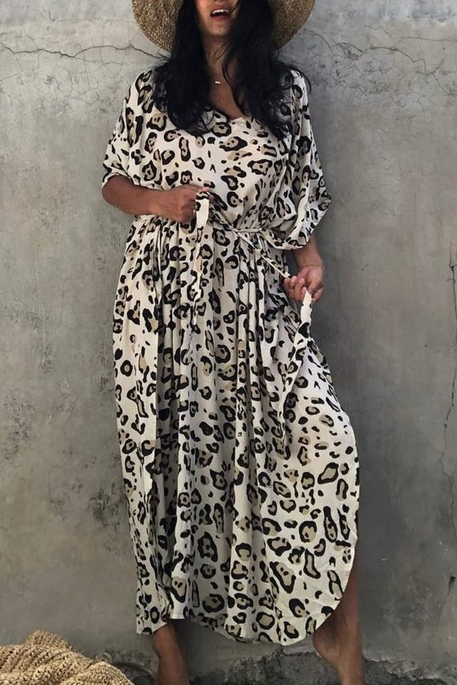 MOPUEA Strandkleid Leopard Kaftan Maxikleid Strandtunika mit Gürtel inklusive Ohrringe (Kaftan Maxikleid mit Gürtel aus Viskose, Luftiger Strand Kaftan in Einhe – Bild 3 von 5
