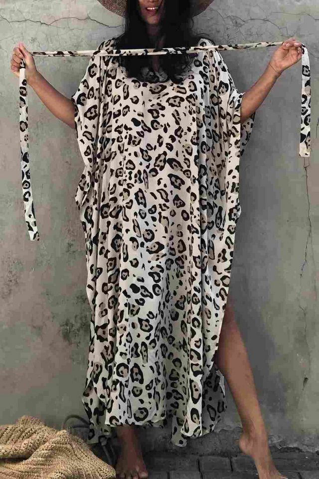 MOPUEA Strandkleid Leopard Kaftan Maxikleid Strandtunika mit Gürtel inklusive Ohrringe (Kaftan Maxikleid mit Gürtel aus Viskose, Luftiger Strand Kaftan in Einhe – Bild 4 von 5