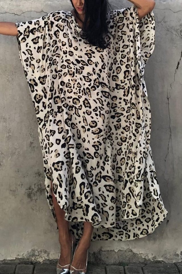 MOPUEA Strandkleid Leopard Kaftan Maxikleid Strandtunika mit Gürtel inklusive Ohrringe (Kaftan Maxikleid mit Gürtel aus Viskose, Luftiger Strand Kaftan in Einhe – Bild 5 von 5