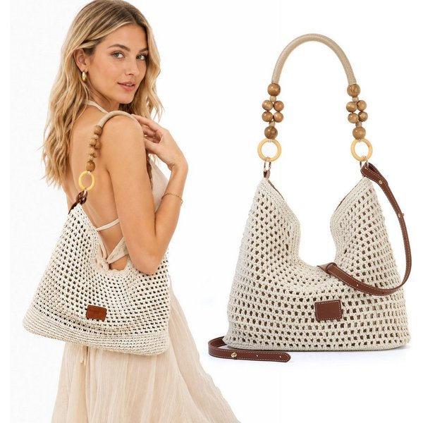 MOPUEA Strandtasche Damen-Umhängetasche, gehäkelt,Boho Straw Beach Bag, Achselhöhle (mit 2 abnehmbaren Trägern, Sommer-Umhängetasche, 1-tlg., Tragegriff oben fü
