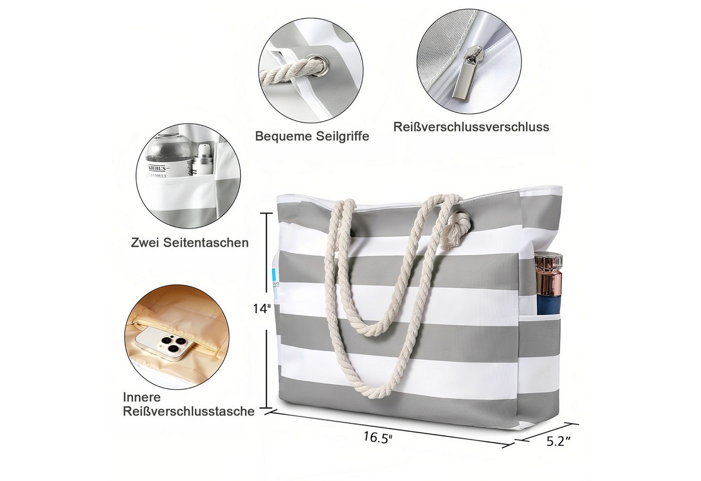 MOPUEA Strandtasche Groß Badetasche Freizeittasche Wasserdicht mit Reißverschluss (Badetasche Damen Strandtasche Damen Beach Tote Bag, 1-tlg., 48*15*34cm Doppel – Bild 2 von 5