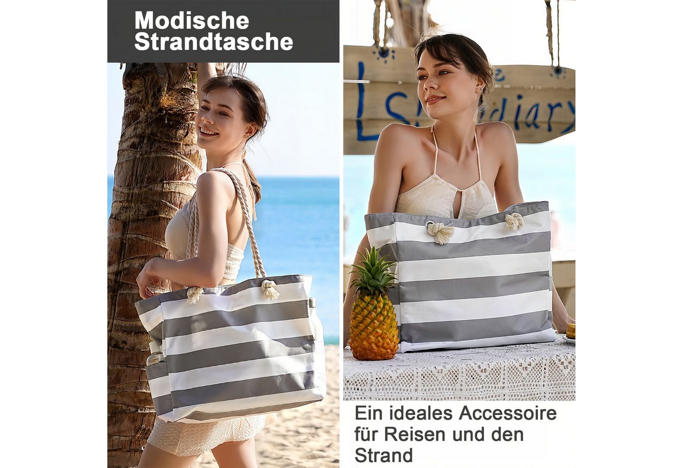 MOPUEA Strandtasche Groß Badetasche Freizeittasche Wasserdicht mit Reißverschluss (Badetasche Damen Strandtasche Damen Beach Tote Bag, 1-tlg., 48*15*34cm Doppel – Bild 5 von 5