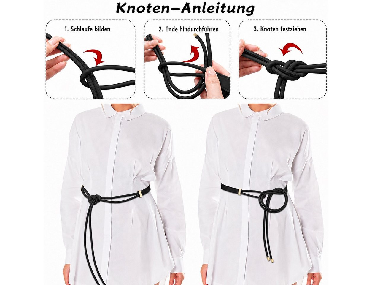 MOPUEA Taillengürtel Gürtelriemen Knotengürtel Dünner Taillengürtel aus PU-Leder für Damen (Mit Enden Aus Goldlegierung Für Damenkleider, 1-St., Verstellbar Sch – Bild 2 von 5