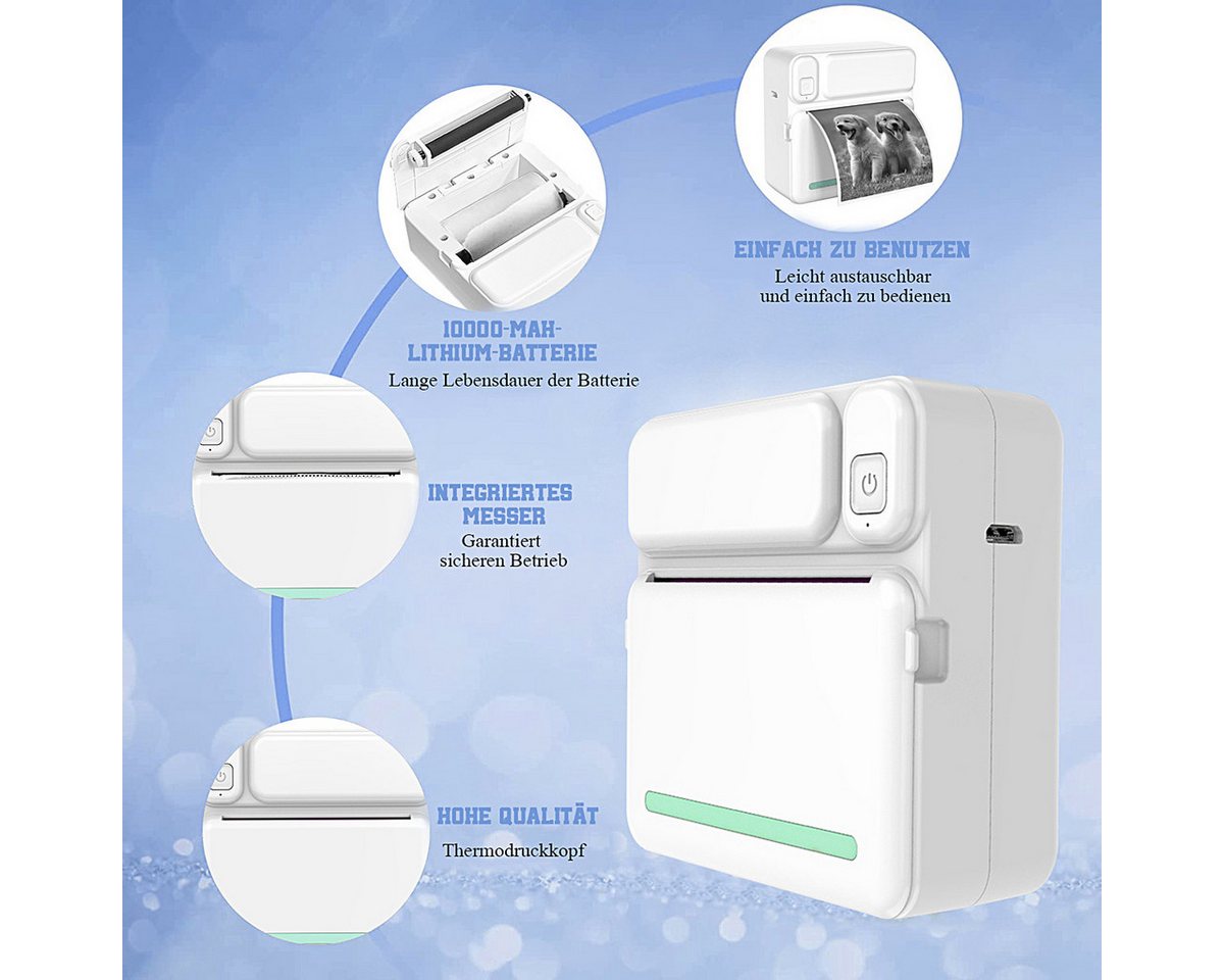MOPUEA Thermodrucker Kompatibel für iOS Android Etikettendrucker Bluetooth Etikettendrucker, (Bluetooth-Fotodrucker, WLAN (Wi-Fi),Blau Mini-Drucker, mit 6 Farbs – Bild 2 von 5