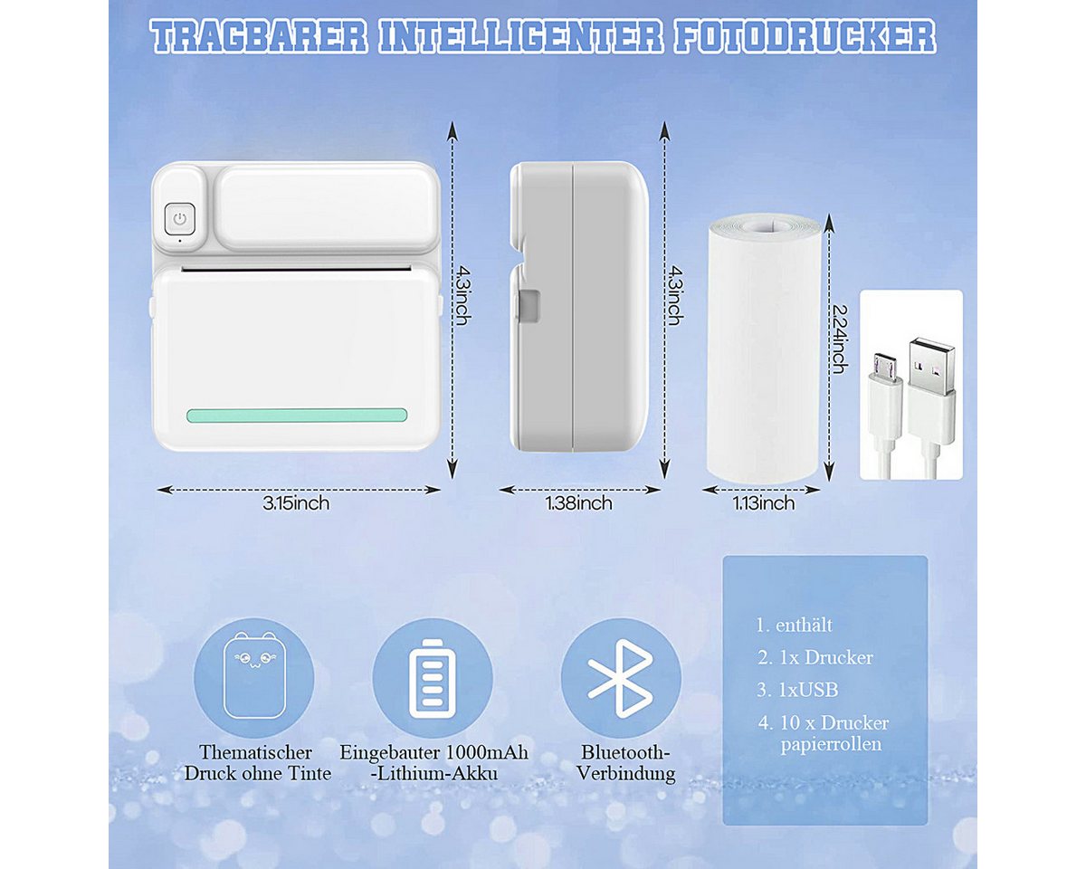 MOPUEA Thermodrucker Kompatibel für iOS Android Etikettendrucker Bluetooth Etikettendrucker, (Bluetooth-Fotodrucker, WLAN (Wi-Fi),Blau Mini-Drucker, mit 6 Farbs – Bild 3 von 5