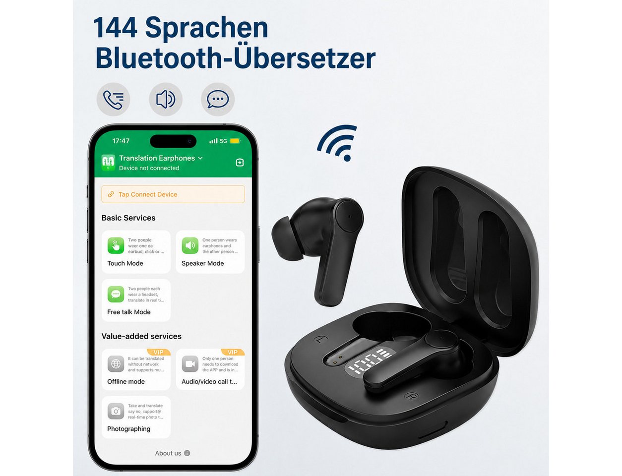 MOPUEA Übersetzungs Kopfhörer, Online Sprachübersetzer Ohrhörer Bluetooth Bluetooth-Kopfhörer (144 Sprachen und Akzente 0,5s Schnelle Übersetzung 4 Modi, Ohrhör – Bild 3 von 5