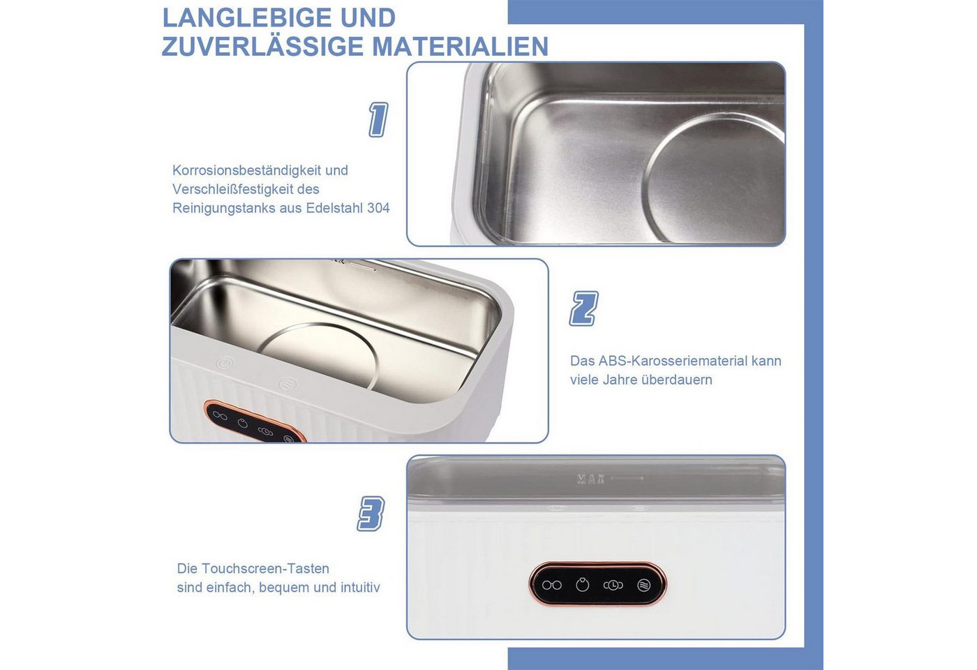 MOPUEA Ultraschallreiniger tragbar Ultraschallreinigungsgerät 45 Khz mit 4 Modi 400 ml Tank, Zahnprothesen, Ringe Reinigung und Pflege Edelstahl 304( weiß) – Bild 4 von 5