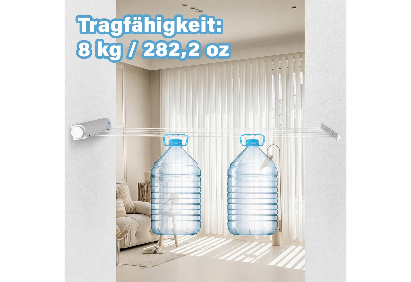 MOPUEA Wäscheständer Einziehbare Wäscheleine Wäscheständer 8 kg Tragfähigkeit, Platzsparend, 8kg Traglast, ausziehbar, einfache Wandmontage – Bild 4 von 5