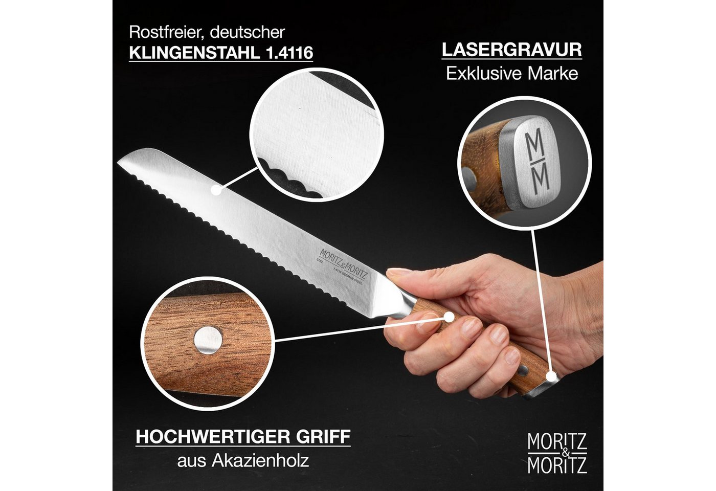 Moritz & Moritz Brotmesser Brotmesser 20cm Klinge, ergonomischer Griff – Bild 2 von 5