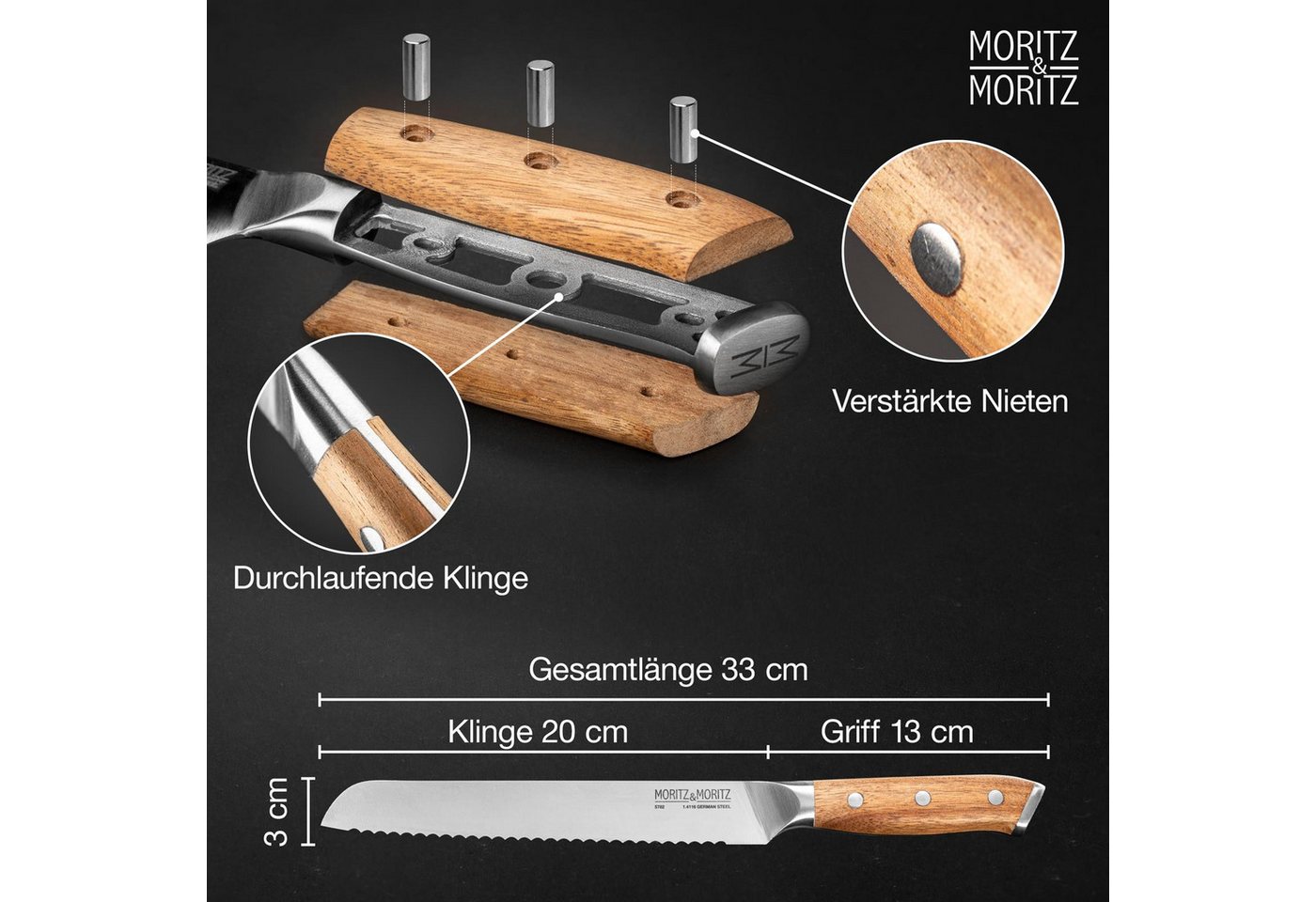 Moritz & Moritz Brotmesser Brotmesser 20cm Klinge, ergonomischer Griff – Bild 3 von 5