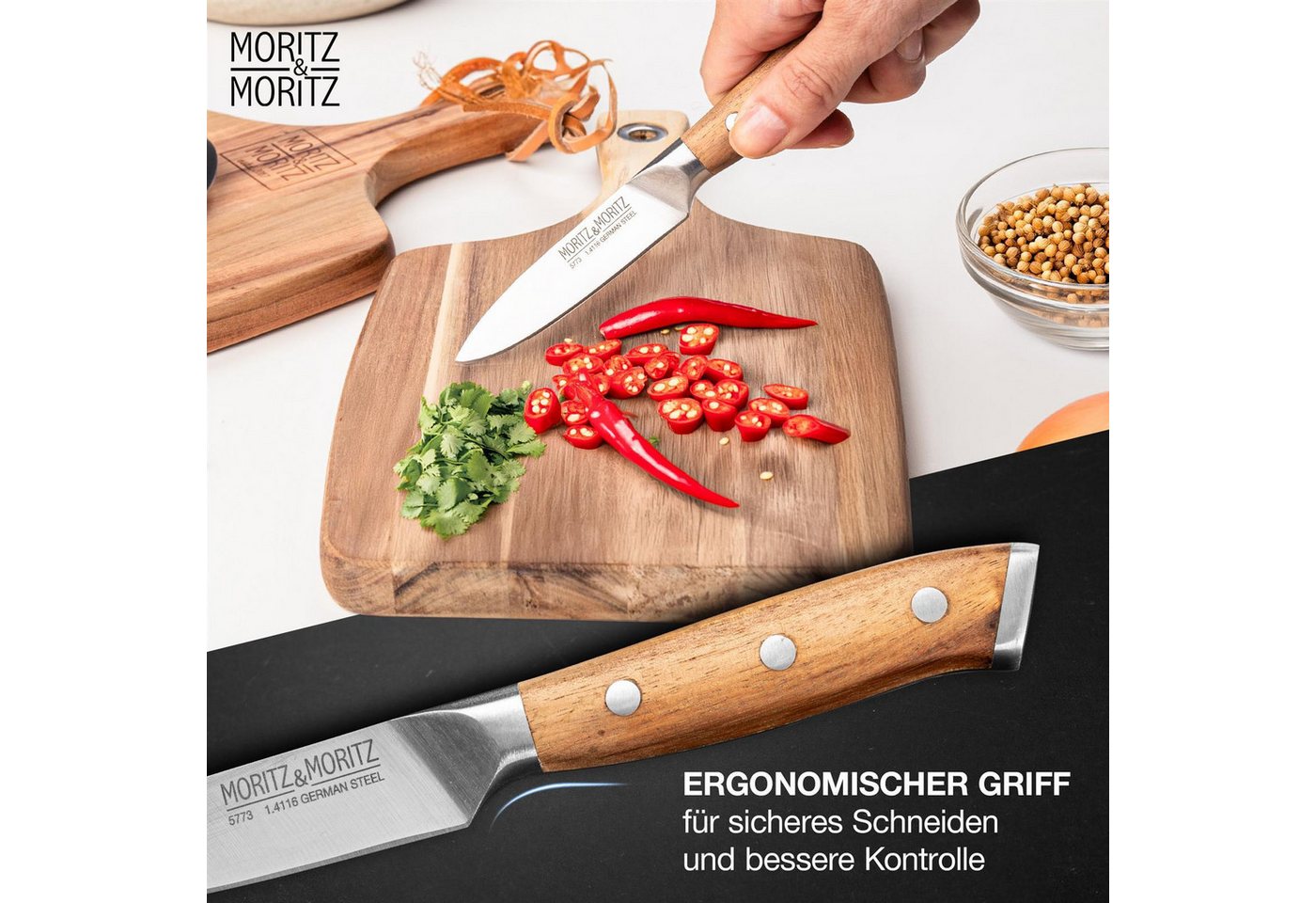 Moritz & Moritz Brotmesser Gemüsemesser 9cm scharfe Klinge, Kleines Obstmesser, ergonomischer Griff – Bild 5 von 5