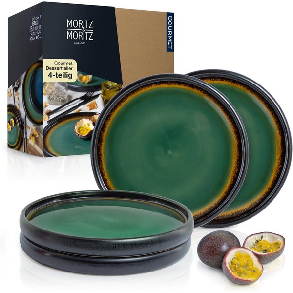 Moritz & Moritz Dessertteller SOLID 4x Dessertteller Grün/Braun, (4 St), Robustes Steinzeug, Spülmaschinengeeignet