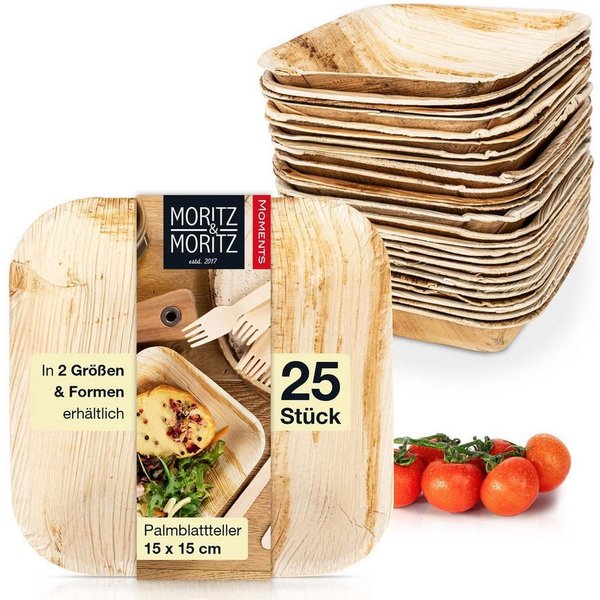 Moritz & Moritz Einweggeschirr-Set 25tlg Palmblatt Schüssel Eckig 15x15cm (25-tlg), 25 Personen, Palmblatt, Birkenholz, 25x25cm