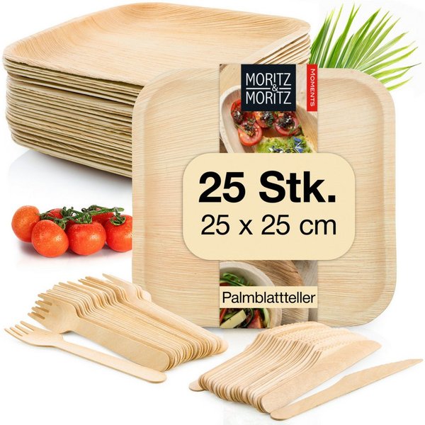 Moritz & Moritz Einweggeschirr-Set 75tlg Palmblatt Geschirr Eckig 25x25cm (75-tlg), 25 Personen, Palmblatt, Birkenholz, Nachhaltiges Einweggeschirr - 25 Teller 