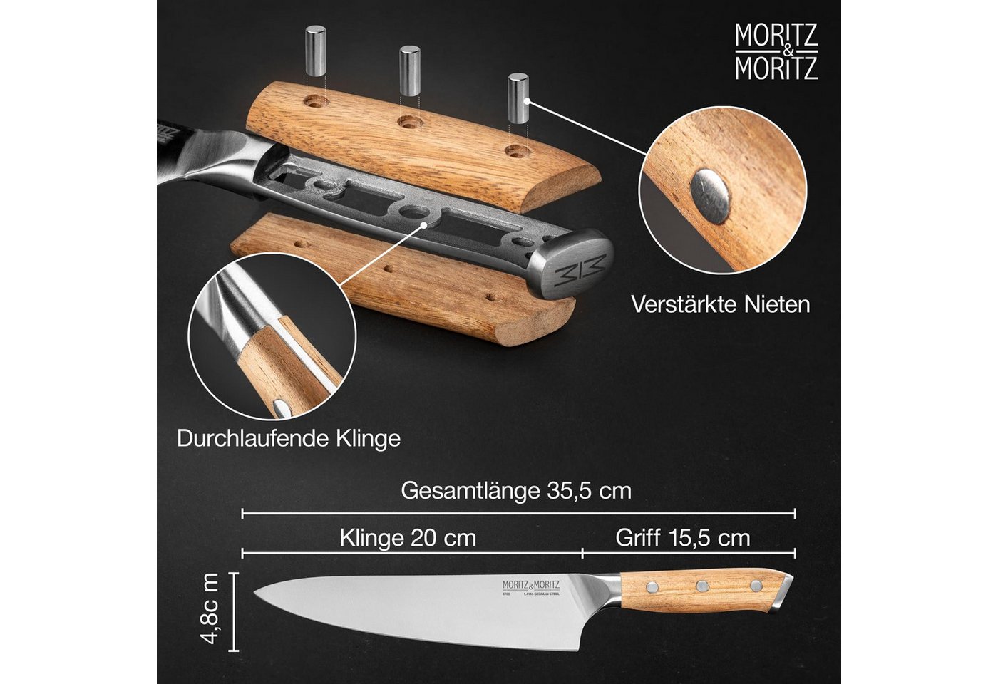 Moritz & Moritz Fleischmesser Kochmesser 20cm - Profi Küchenmesser, ergonomischer Griff – Bild 3 von 5