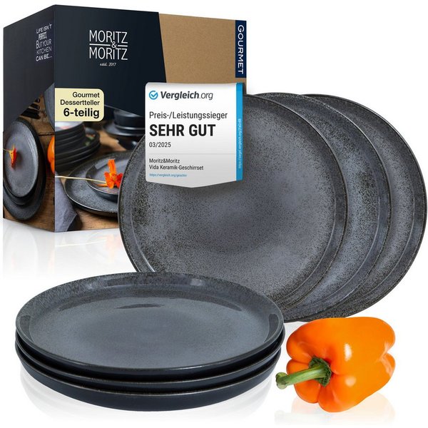 Moritz & Moritz Geschirr-Set VIDA Dessertteller Anthrazit (6-tlg), 6 Personen, Porzellan, Spülmaschinengeeignet, Porzellan Speiseteller