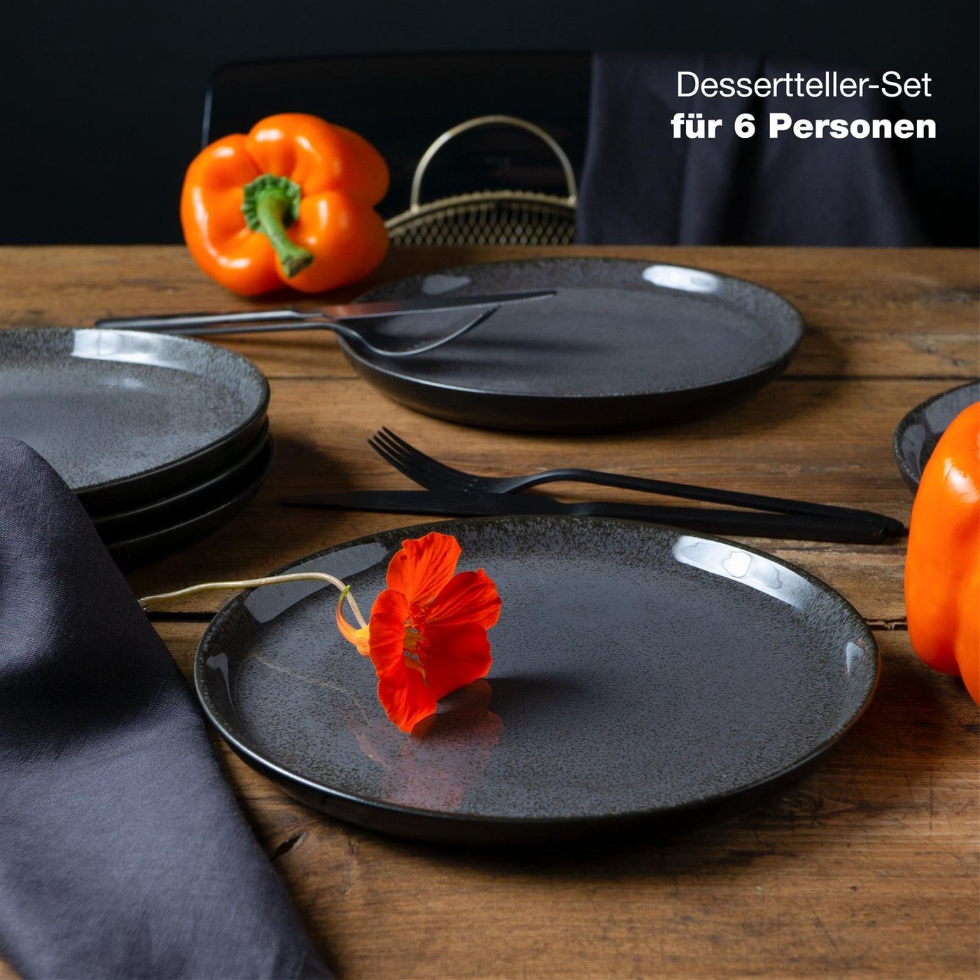 Moritz & Moritz Geschirr-Set VIDA Dessertteller Anthrazit (6-tlg), 6 Personen, Porzellan, Spülmaschinengeeignet, Porzellan Speiseteller – Bild 2 von 5
