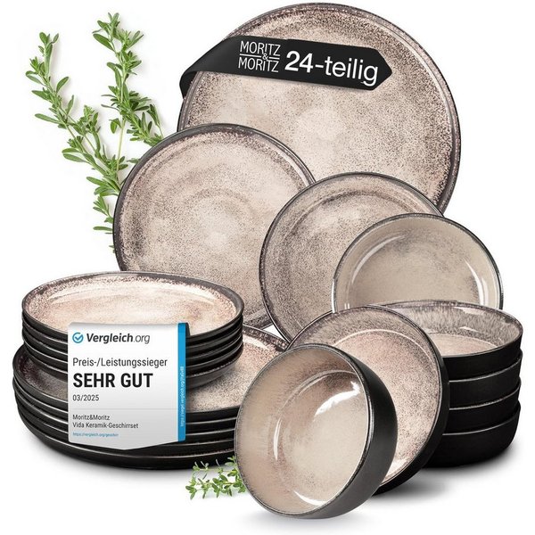 Moritz & Moritz Geschirr-Set VIDA Geschirrset mit Müslibowls Beige (24-tlg), 6 Personen, Porzellan, Kombigeschirr für 6 Personen