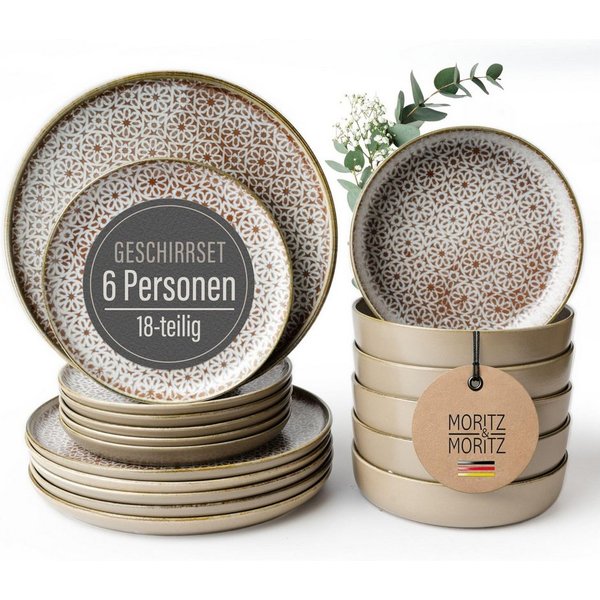 Moritz & Moritz Kombiservice ALHAMBRA Geschirrset Mousse (18-tlg), 6 Personen, Porzellan, Spülmaschinengeeignet & Mikrowellensicher