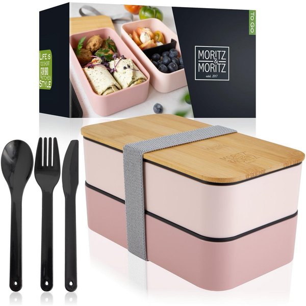 Moritz & Moritz Lunchbox Bento Box, Kunststoff, Bambus, Elasthan, (Set, 10-tlg), Bento Lunchbox für Erwachsene und Kinder - inkl. Besteck-Set