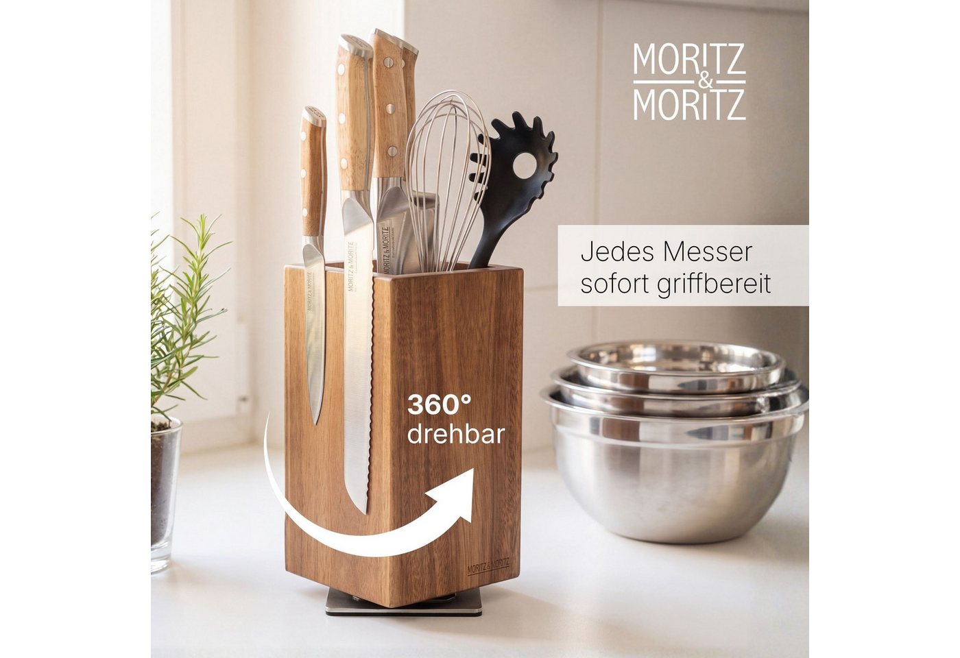 Moritz & Moritz Magnet-Messerblock Messerblock magnetisch, 360° drehbar mit Borsteneinsatz, Akazie (1tlg), Magnetisch, Drehbar – Bild 3 von 5