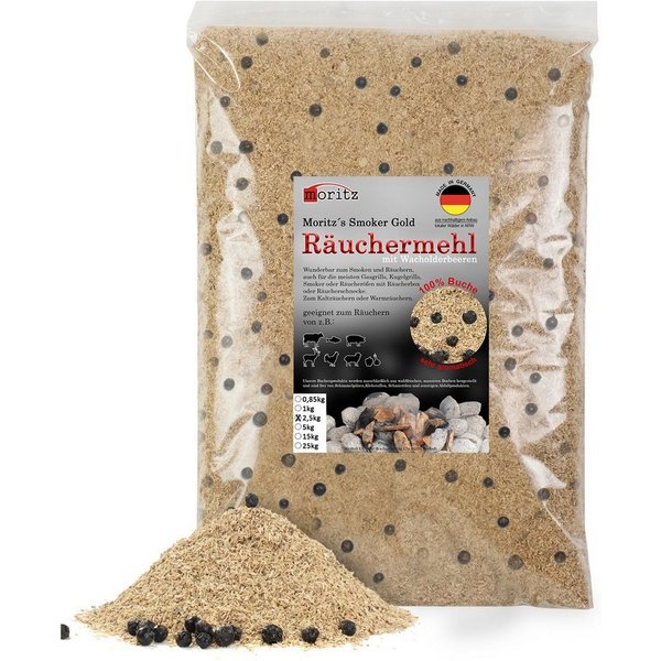 Moritz Räucherbox 2,5kg Räuchermehl Buche mit Wacholder fein 0,5 -1 mm zum smoken, räuchern/kalträuchern von Fleisch, Fisch, Gemüse geeignet