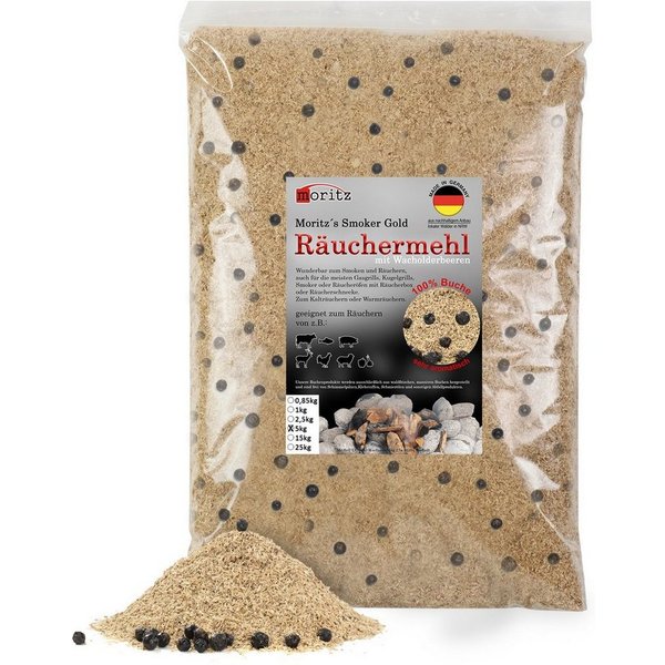 Moritz Räucherbox 5kg Räuchermehl Buche mit Wacholder fein 0,5 -1 mm zum smoken, räuchern/kalträuchern von Fleisch, Fisch, Gemüse geeignet