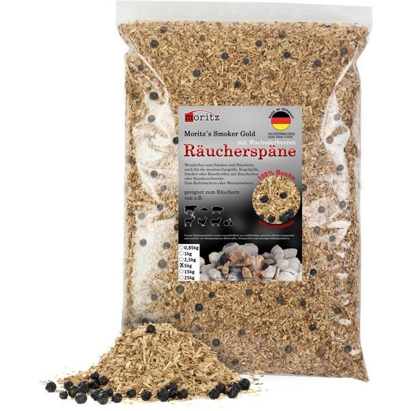 Moritz Räucherbox 5kg Räucherspäne Buche mit Wacholder fein 0,75 -2 mm zum smoken, räuchern/kalträuchern von Fleisch, Fisch, Gemüse geeignet