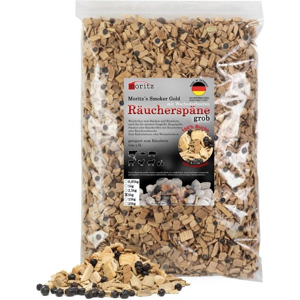Moritz Räucherbox 5kg Räucherspäne Buche mit Wacholder grob 6 -12 mm zum smoken, räuchern/kalträuchern von Fleisch, Fisch, Gemüse geeignet