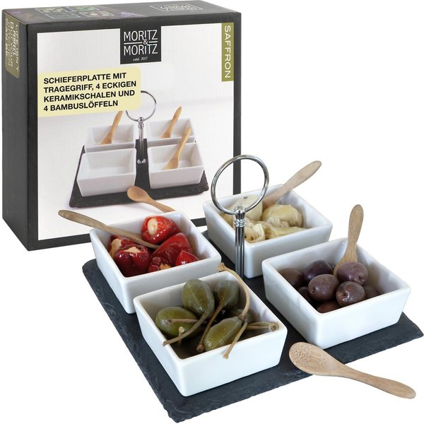 Moritz & Moritz Servierplatte Weiße Dipschalen Set mit Schieferplatte Saffron, Keramik, (Set, 9-tlg., 9- teiliges Set), Hochwertiges Keramik, Schieferplatte