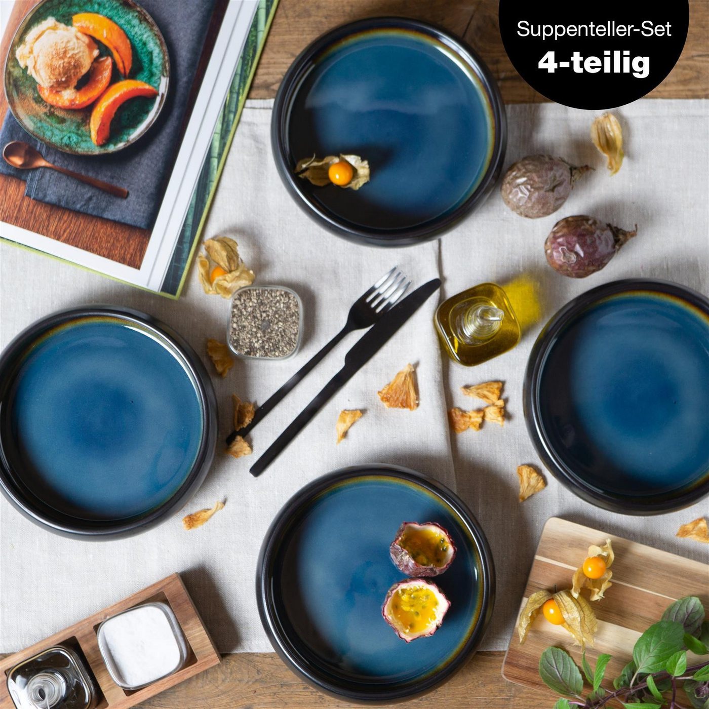 Moritz & Moritz Suppenteller SOLID 4x Suppenteller Blau/Braun – Bild 2 von 5