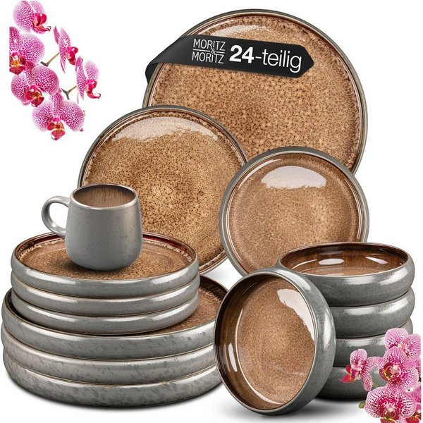 Moritz & Moritz Tafelservice SOLID 24tlg Geschirrset mit Tasse Beige (24-tlg), 6 Personen, Steinzeug, Kombigeschirr für 12 Personen