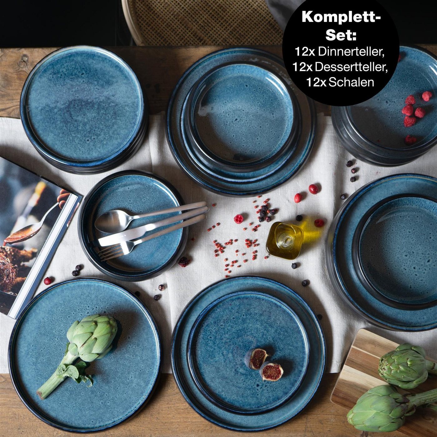 Moritz & Moritz Tafelservice SOLID Geschirrset Blau (36-tlg), 12 Personen, Steinzeug, Kombigeschirr für 12 Personen – Bild 2 von 5