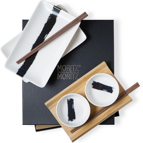 Moritz & Moritz Tafelservice Sushi Set 10tlg Pinselstrich Schwarz (8-tlg), 2 Personen, Geschirrset für 2 Personen