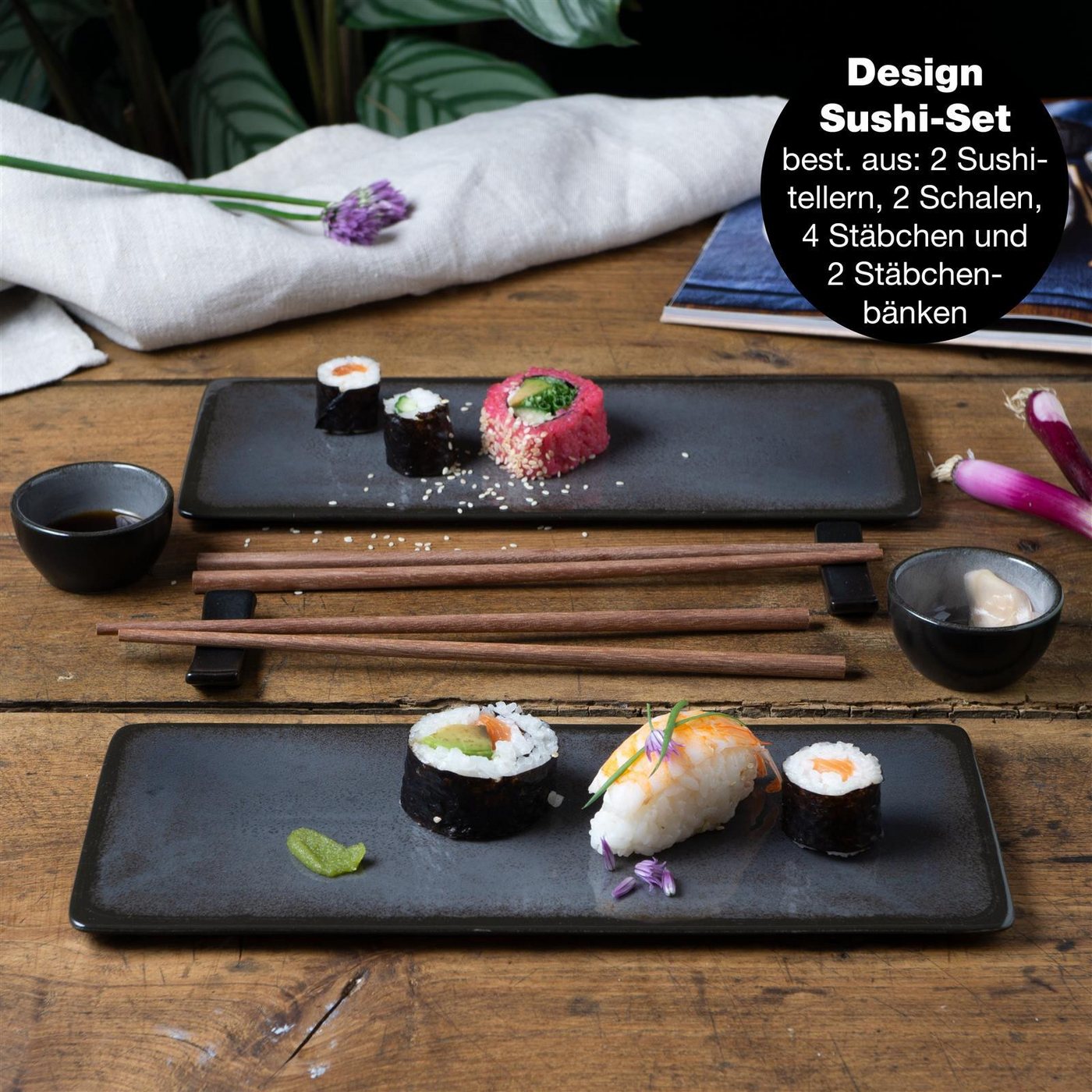 Moritz & Moritz Tafelservice VIDA Sushi Set Anthrazit (10-tlg), 2 Personen, Porzellan, für 2 Personen - 10 Teile – Bild 2 von 5