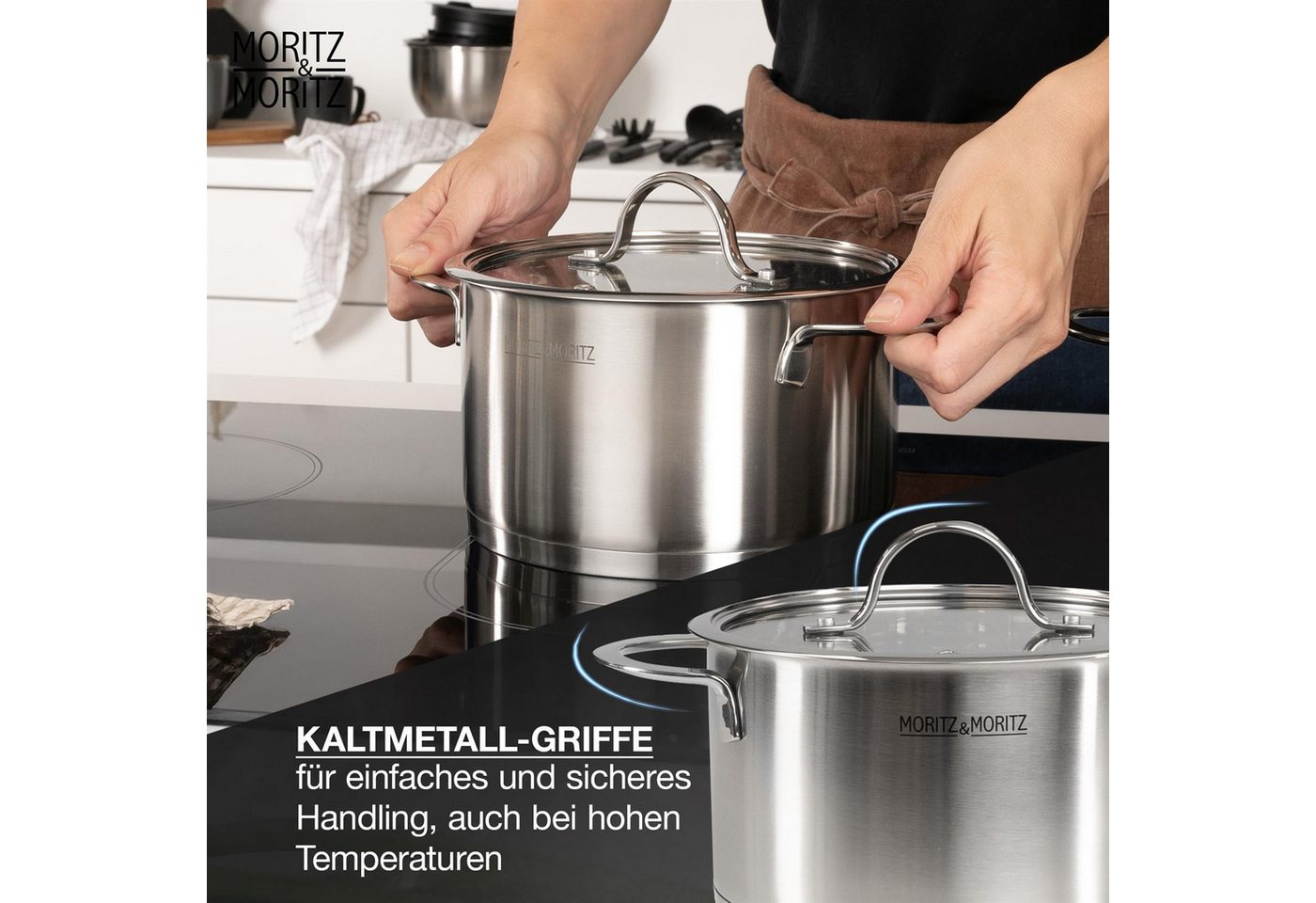 Moritz & Moritz Topf-Set Edelstahl Kochtopfset 9-teilig, 5 Kochtöpfe inkl. 4 Glasdeckel, Edelstahl (Set, 9-tlg., Set), für alle Herdarten – Bild 4 von 5