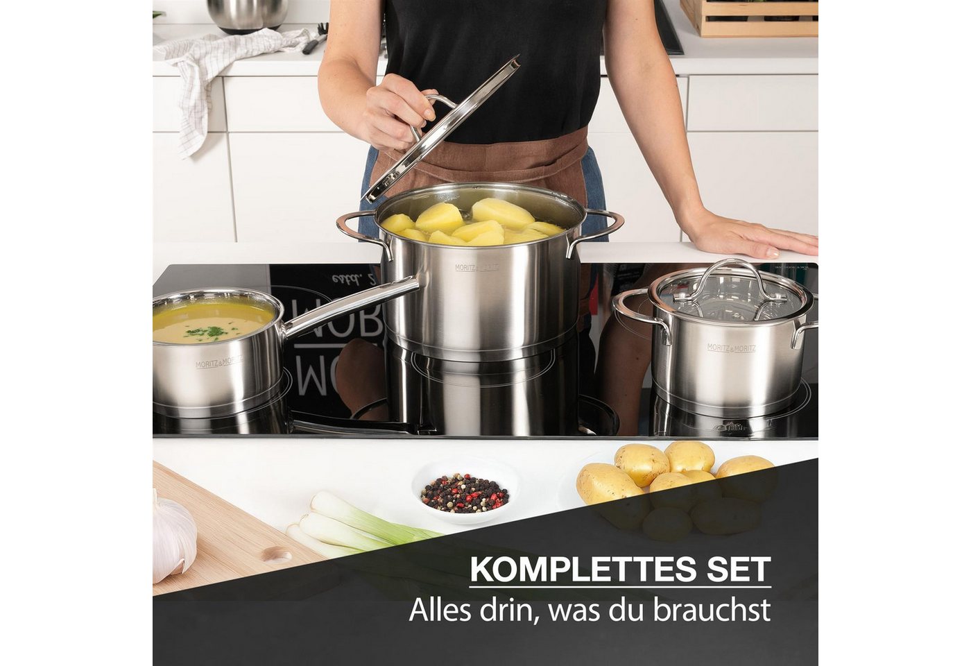 Moritz & Moritz Topf-Set Edelstahl Kochtopfset 9-teilig, 5 Kochtöpfe inkl. 4 Glasdeckel, Edelstahl (Set, 9-tlg., Set), für alle Herdarten – Bild 5 von 5