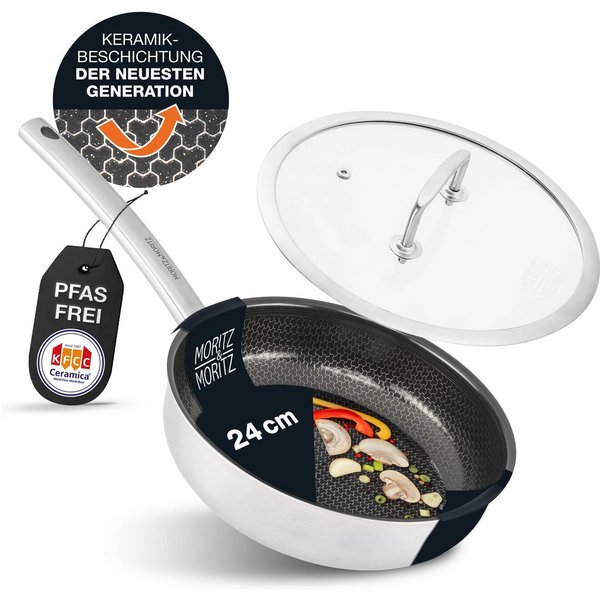 Moritz & Moritz Wok mit Deckel 24cm gerader Rand, 304 Edelstahl (Bratpfanne & Deckel Set)