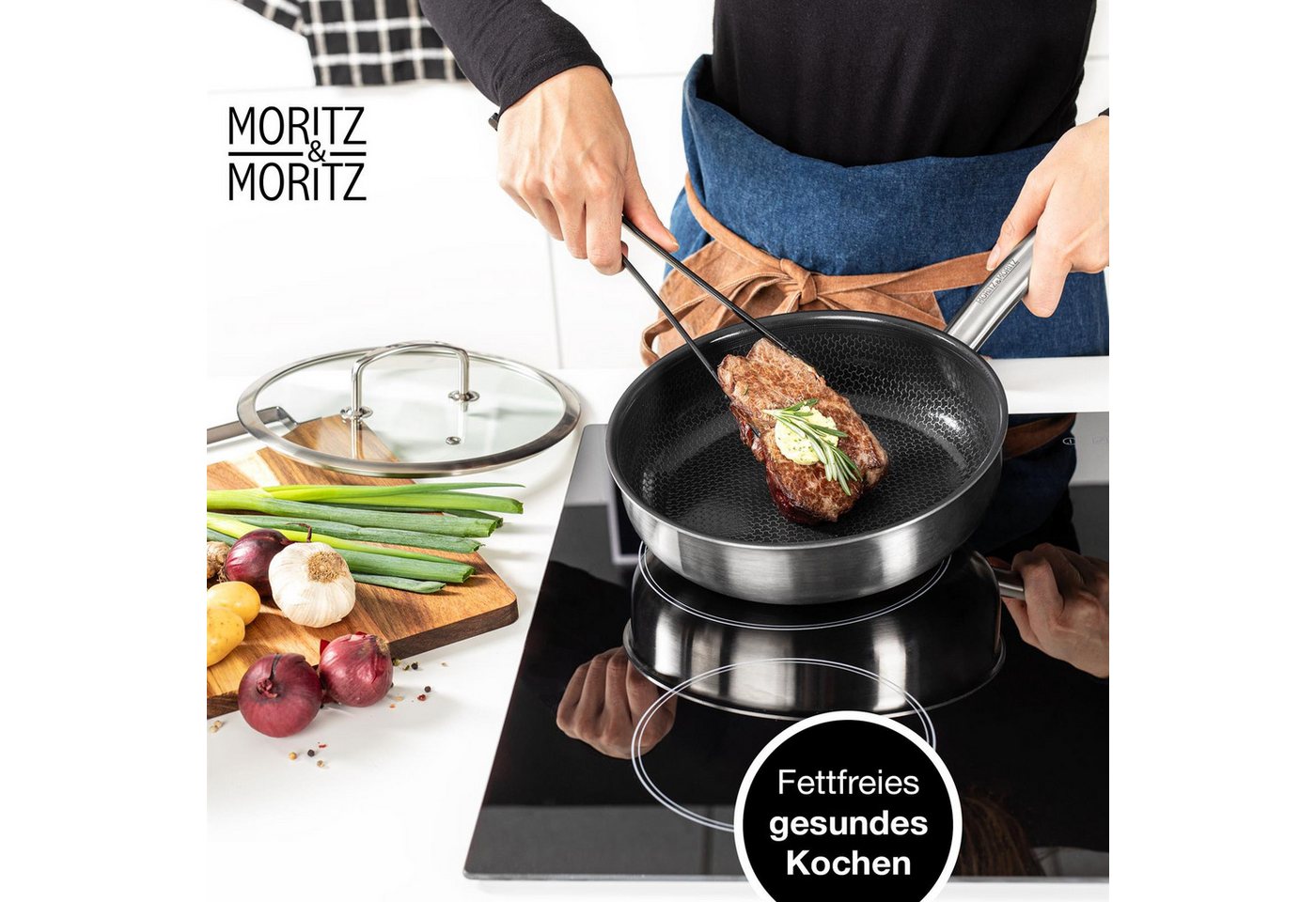 Moritz & Moritz Wok mit Deckel 24cm gerader Rand, 304 Edelstahl (Bratpfanne & Deckel Set) – Bild 5 von 5