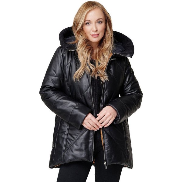 Mouflon Lederjacke Mandy Kapuze mit Strickrand