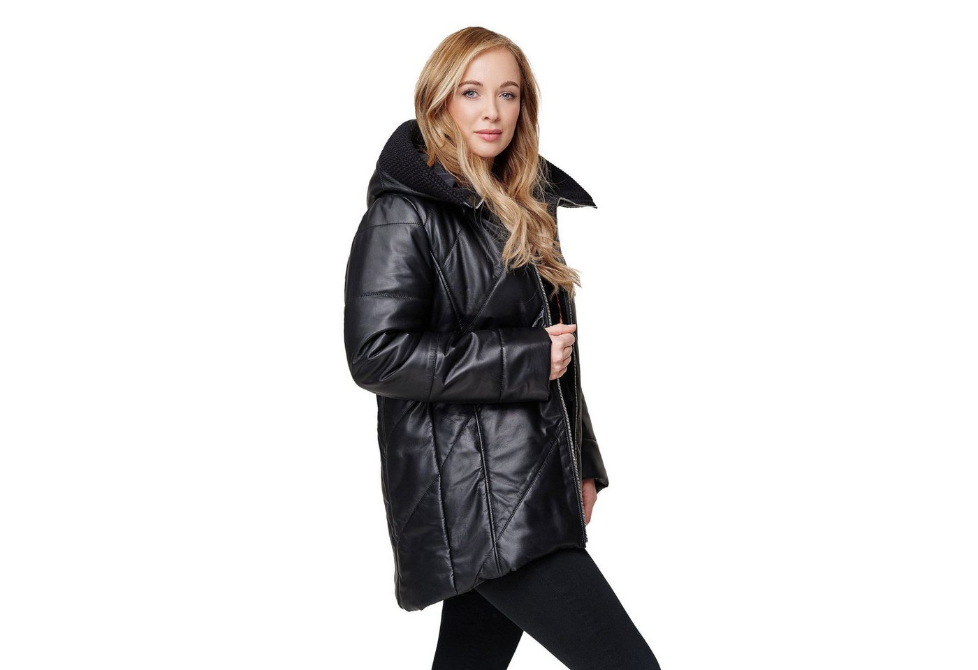 Mouflon Lederjacke Mandy Kapuze mit Strickrand – Bild 2 von 5