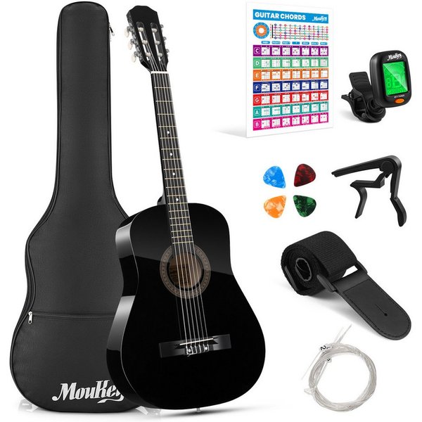 Moukey Akustikgitarre Kinder Gitarre 38" Set mit Tasche, Gurt, Stimmgerät, Linde, Komplettes Zubehör, Gitarrentasche Stimmgerät Gurt Ersatzsaiten, für Anfänger 