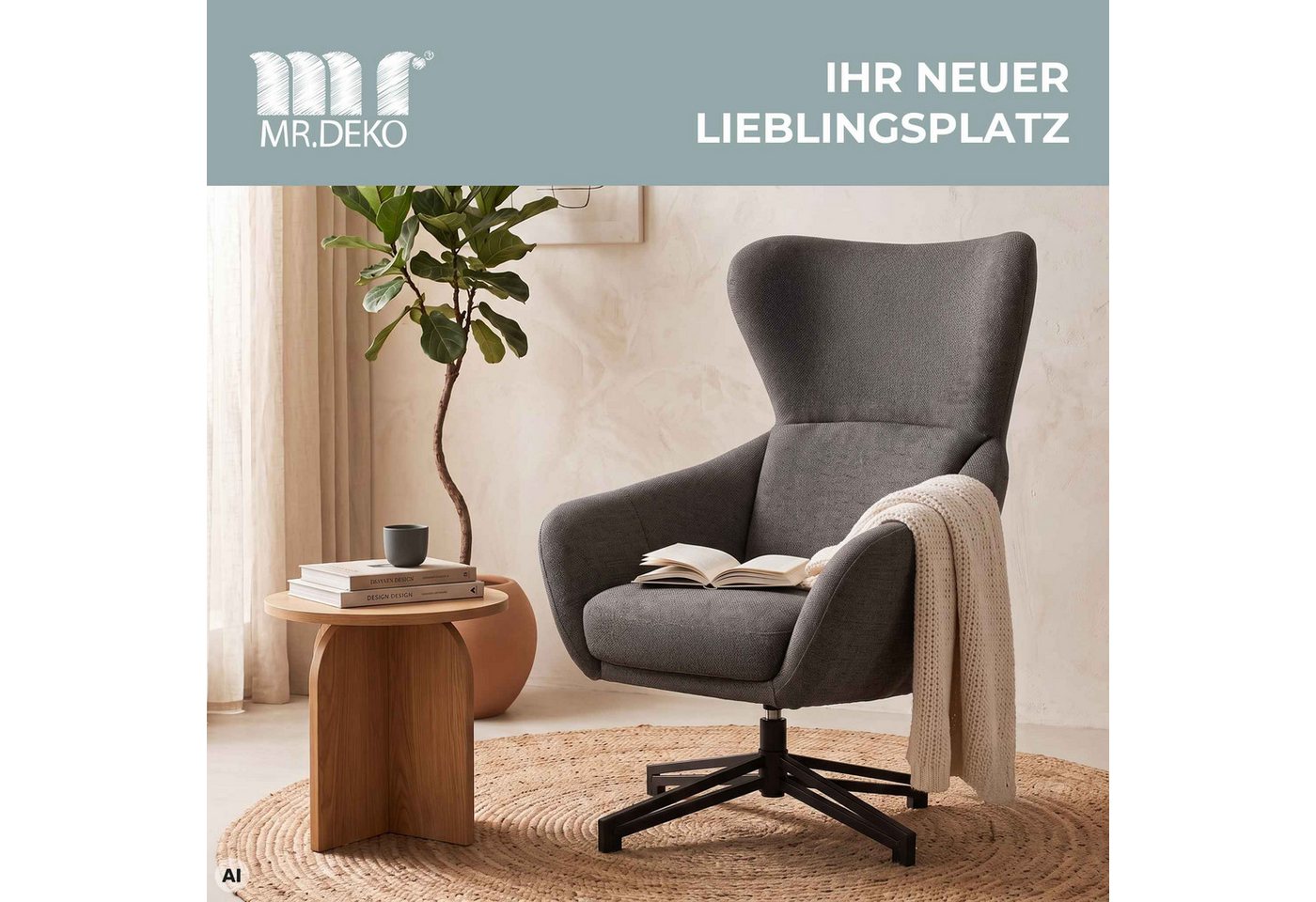 MR.DEKO Ohrensessel Marconia – Sessel, Relaxsessel drehbar, 82x94x102 cm (Einzelsessel – zerlegt geliefert, einfache Montage zuhause, 1-St), Mit geschlossener R – Bild 2 von 5
