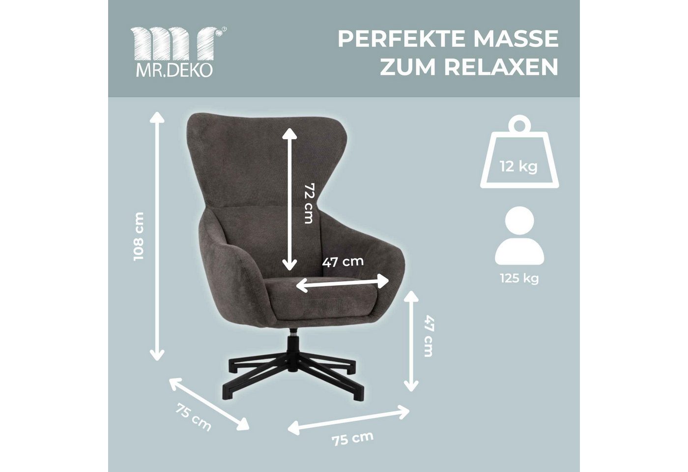 MR.DEKO Ohrensessel Marconia – Sessel, Relaxsessel drehbar, 82x94x102 cm (Einzelsessel – zerlegt geliefert, einfache Montage zuhause, 1-St), Mit geschlossener R – Bild 3 von 5
