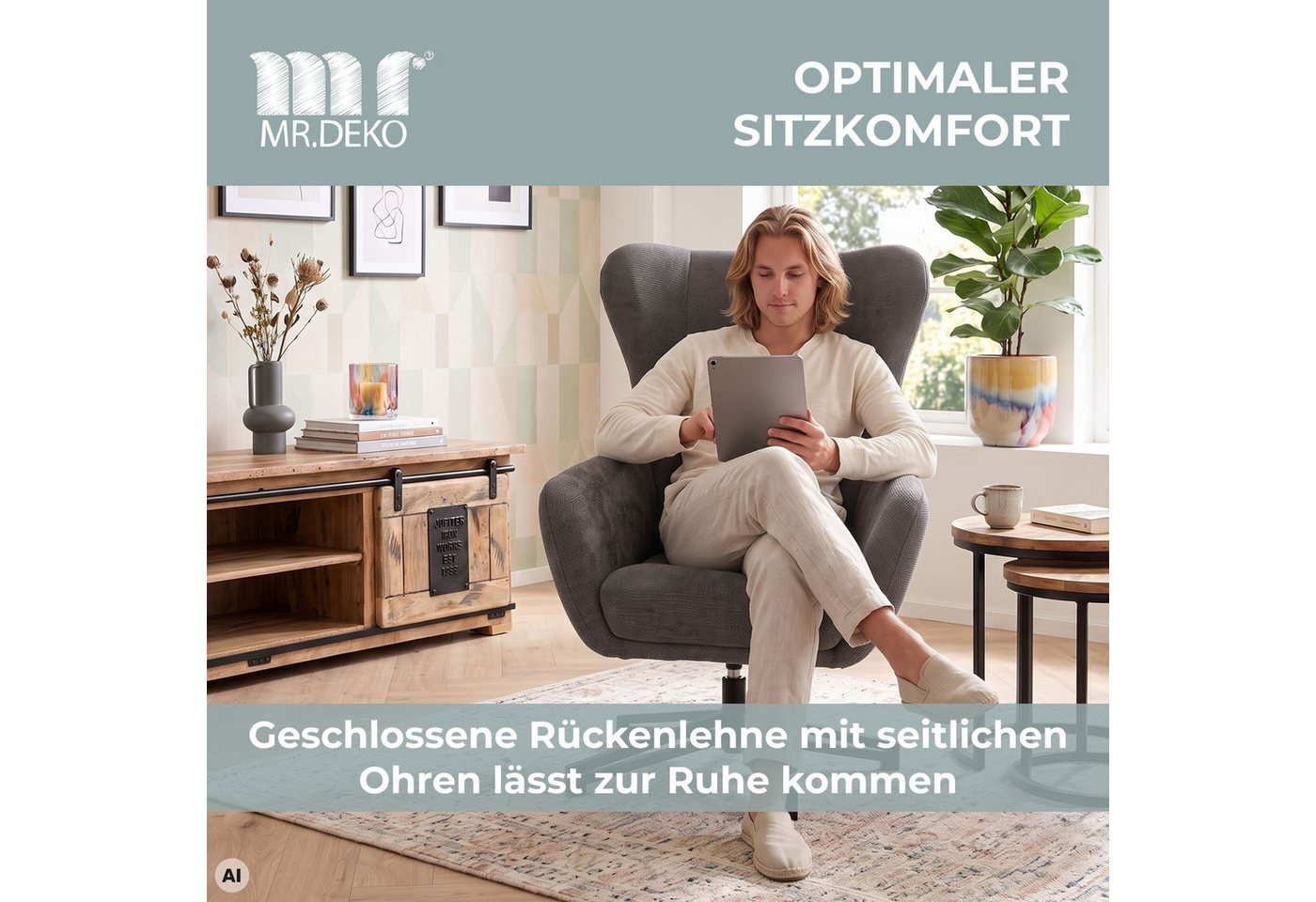 MR.DEKO Ohrensessel Marconia – Sessel, Relaxsessel drehbar, 82x94x102 cm (Einzelsessel – zerlegt geliefert, einfache Montage zuhause, 1-St), Mit geschlossener R – Bild 4 von 5