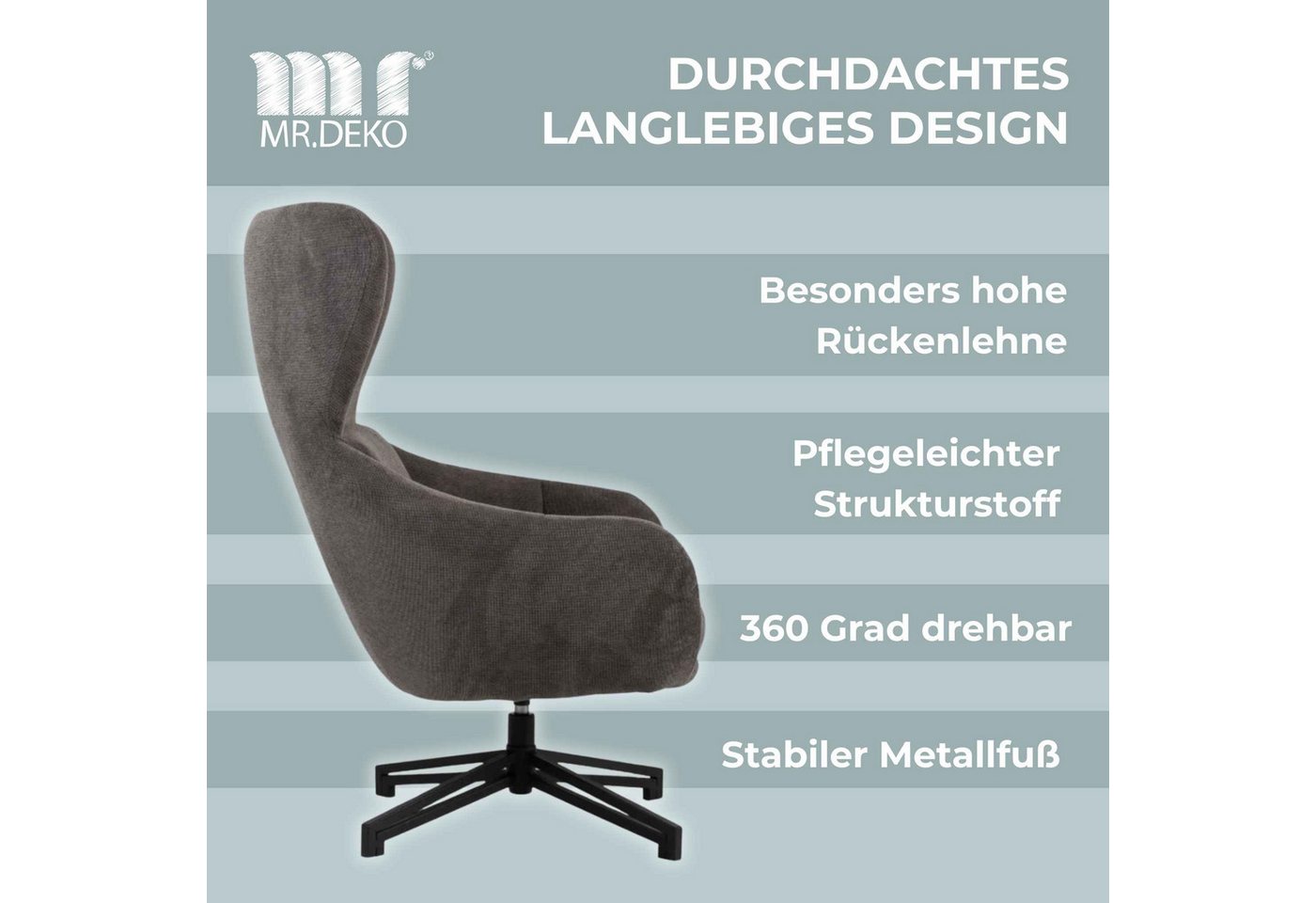 MR.DEKO Ohrensessel Marconia – Sessel, Relaxsessel drehbar, 82x94x102 cm (Einzelsessel – zerlegt geliefert, einfache Montage zuhause, 1-St), Mit geschlossener R – Bild 5 von 5