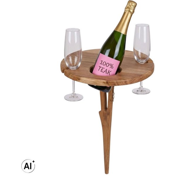 MR.DEKO Weinflaschenhalter Getränkehalter Weinflaschenhalter Teak Strandkorb Robust Beistelltisch, (1-teilig, 1-St., Halterung für 1 Flasche und 2 Gläser), Klap
