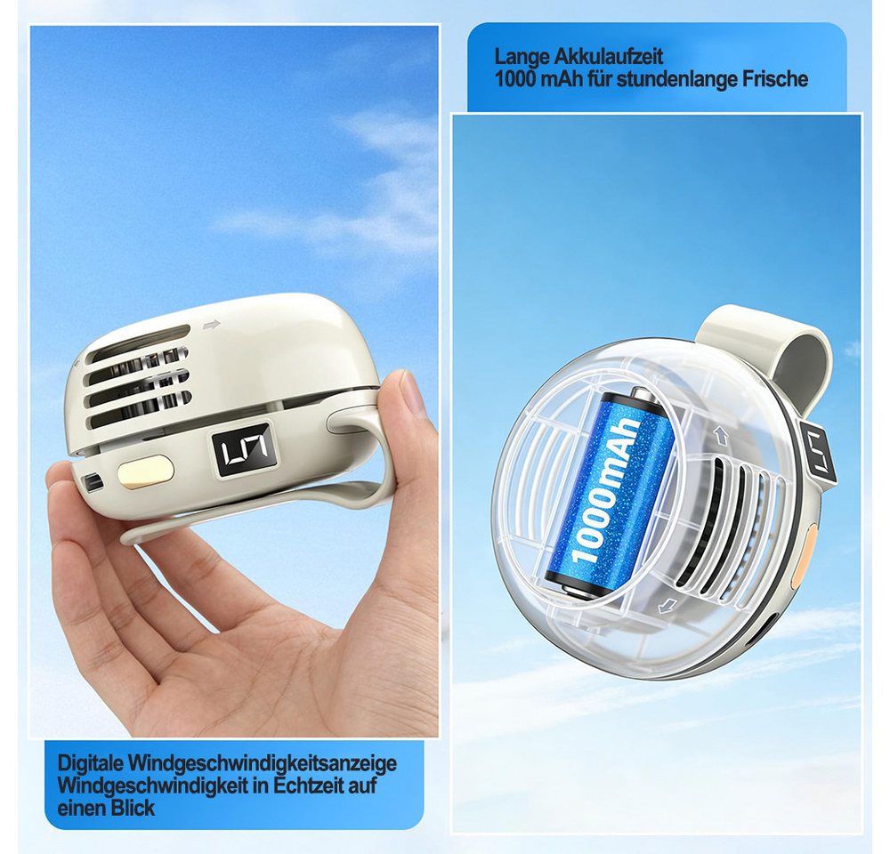 Mrilary Handventilator handfreier Clip- und Taillenventilator,Mini USB-C Wiederaufladbar, 5 Geschwindigkeiten, LED-Digitalanzeige,für Outdoor, Reisen und Büro – Bild 3 von 5